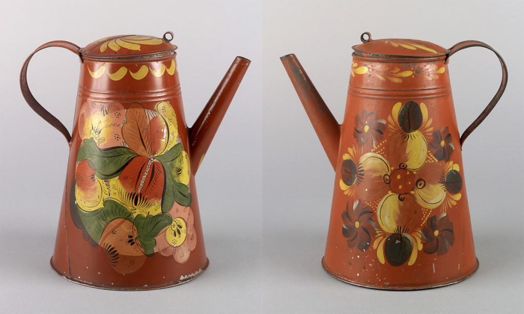 (Left) Coffeepot, attributed to Harvey Filley tinshop, Philadephia, Pennsylvania, 1830-60. (Right) Coffeepot, attributed to Aaron Butler tinshop, Greenville, New York, 1824-55.  Bequests of H.F. du Pont, 1959.2072,  1959.2068  