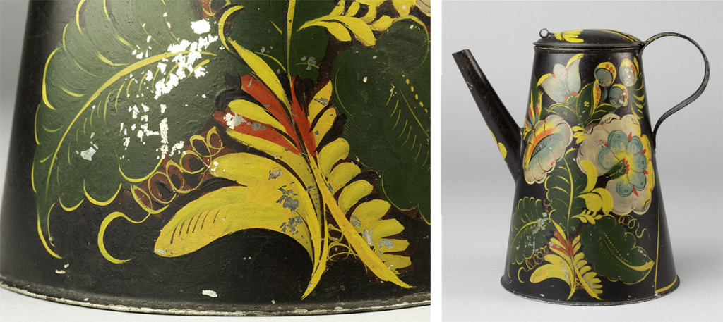Coffee pot, attributed to the Harvey Filley tinshop, Philadelphia, Pennsylvania, 1840-60.Bequest of H.F. du Pont, 1965.1673