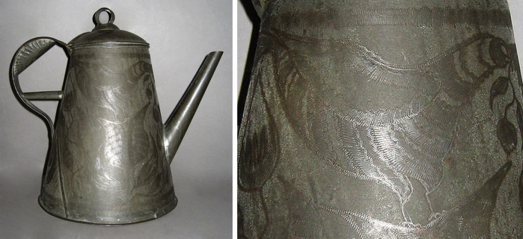 Coffeepot (and detail of wrigglework bird), made in southeastPennsylvania, 1830-60.Bequest of H.F. du Pont, 1960.711
