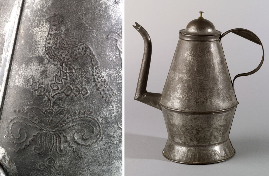Coffeepot (and detail of punched bird), marked by Willoughby Shade, Montgomery County,Pennsylvania, 1850-70.Bequest of H.F. du Pont, 1965.2152